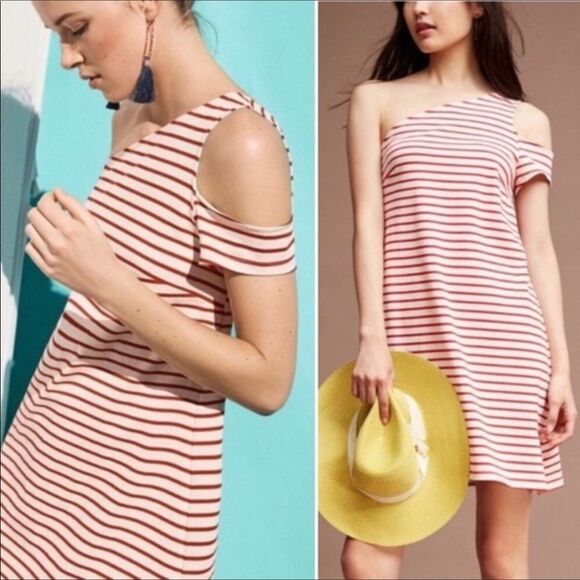 Anthropologie Maeve Red & White Striped One Shoulder Dress - Picture 1 of 8